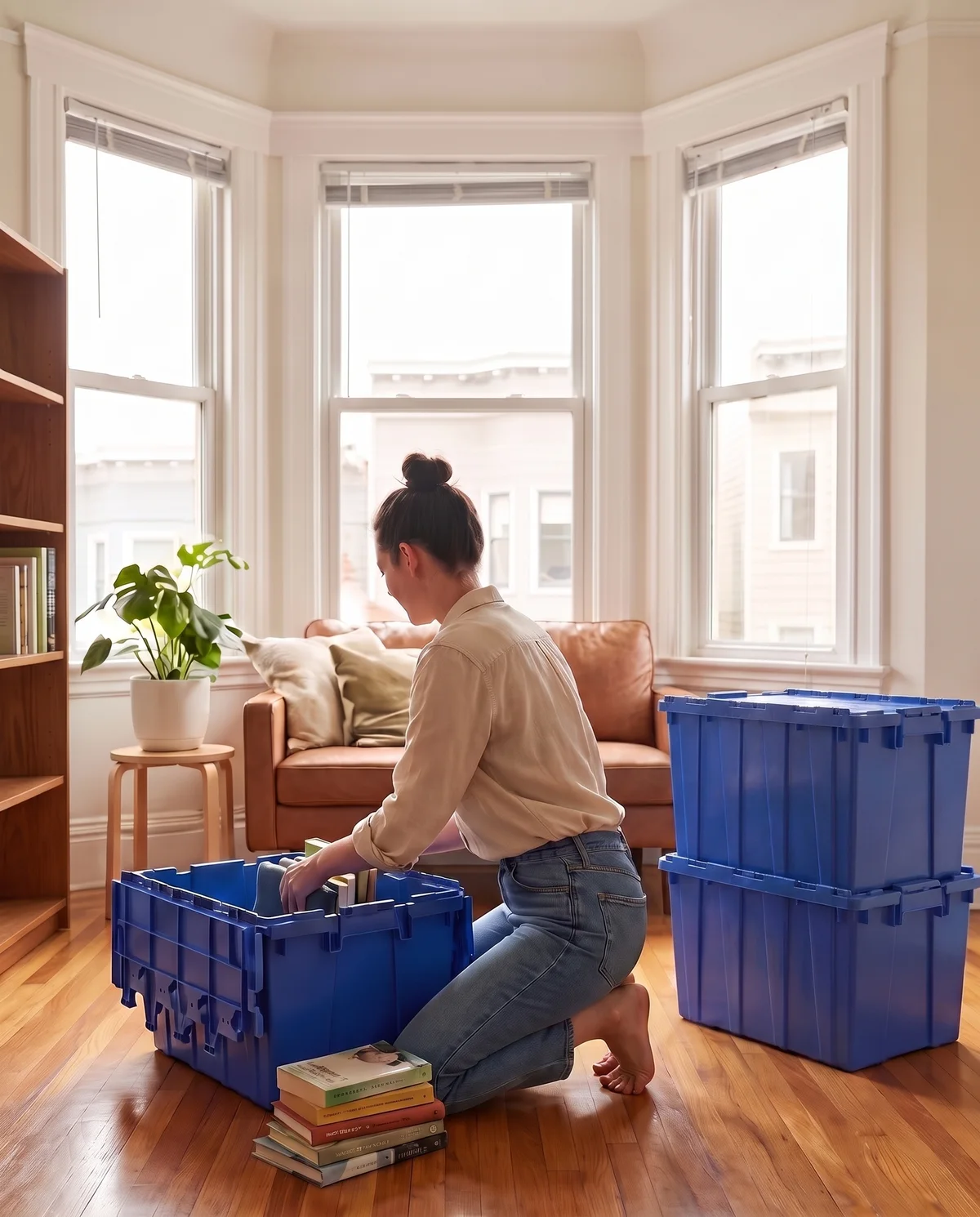 A woman kneels in a sunny bay-window living room, packing books into an open blue Sorted bin, two closed bins stacked beside her.