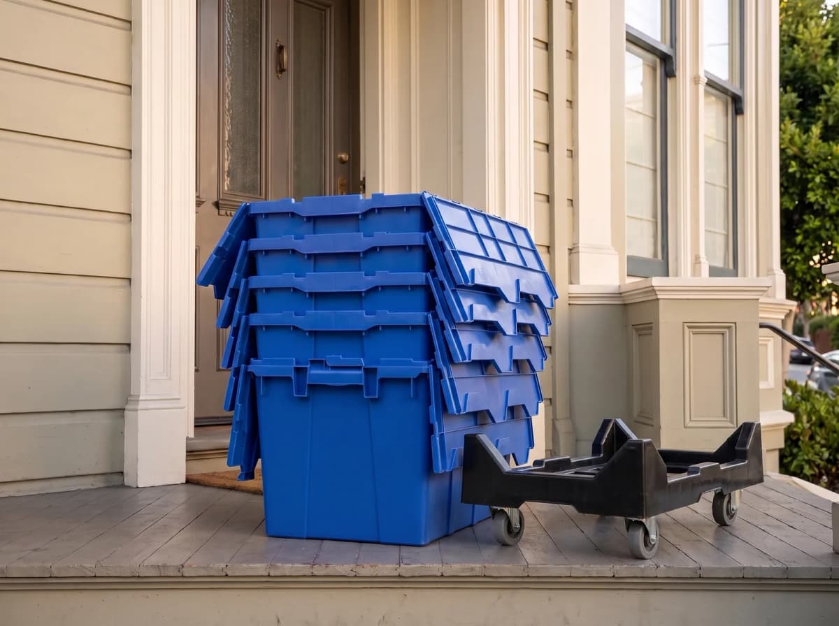 A nested stack of four blue Sorted bins waiting on a front porch beside an empty dolly.