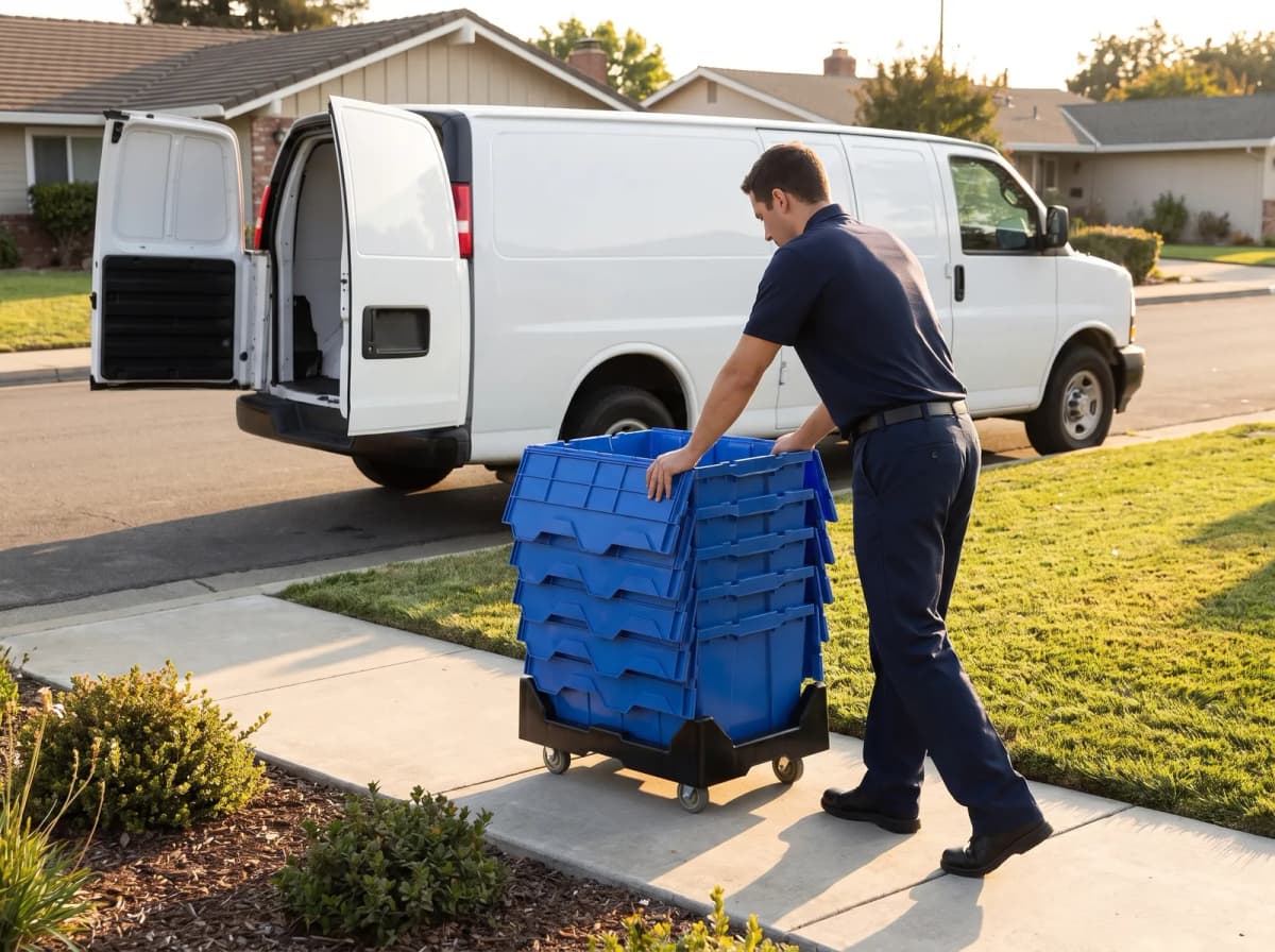A Sorted driver wheels a nested stack of blue bins on a dolly down a driveway toward the open van.